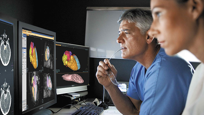 Des experts m&eacute;dicaux &eacute;tudient les images de scanner cardiologiques